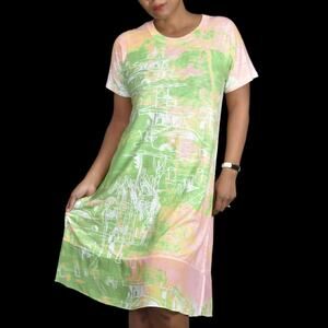 Inoah Dress Green Jersey T Shirt Lagenlook Doodle Print Artsy Pastel Size Small